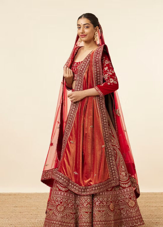 Berry Red Embroidered Bridal Lehenga - Image 4