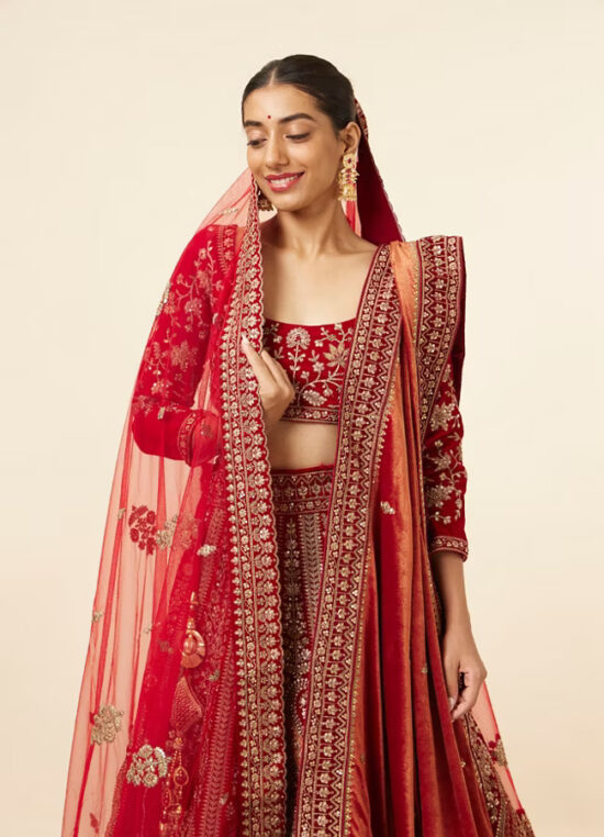 Berry Red Embroidered Bridal Lehenga - Image 3