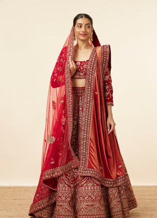 Berry Red Embroidered Bridal Lehenga - Image 2